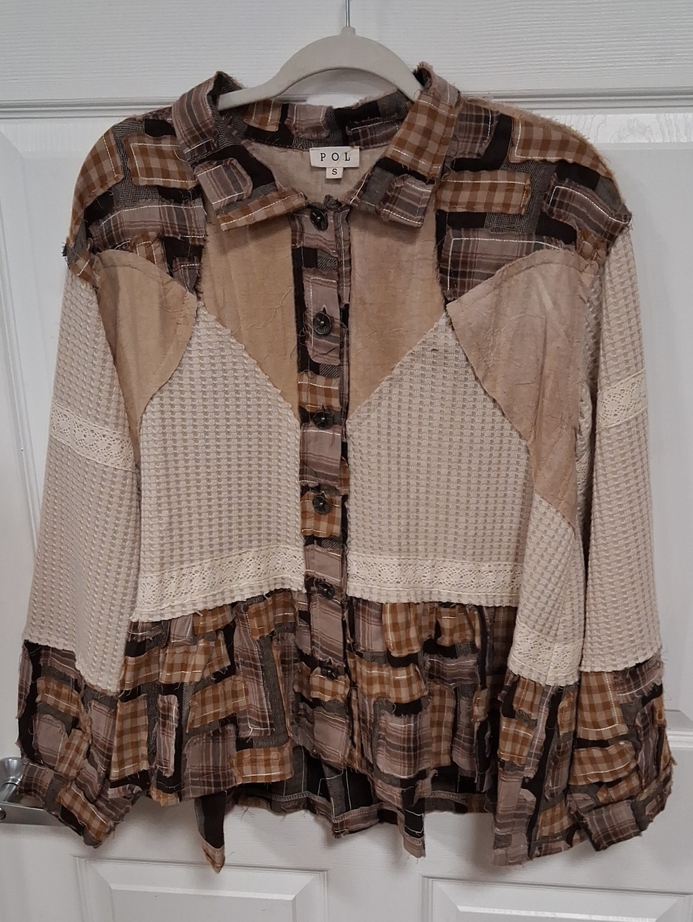 POL Neutral Patchwork Plaid Button-Up Jacket